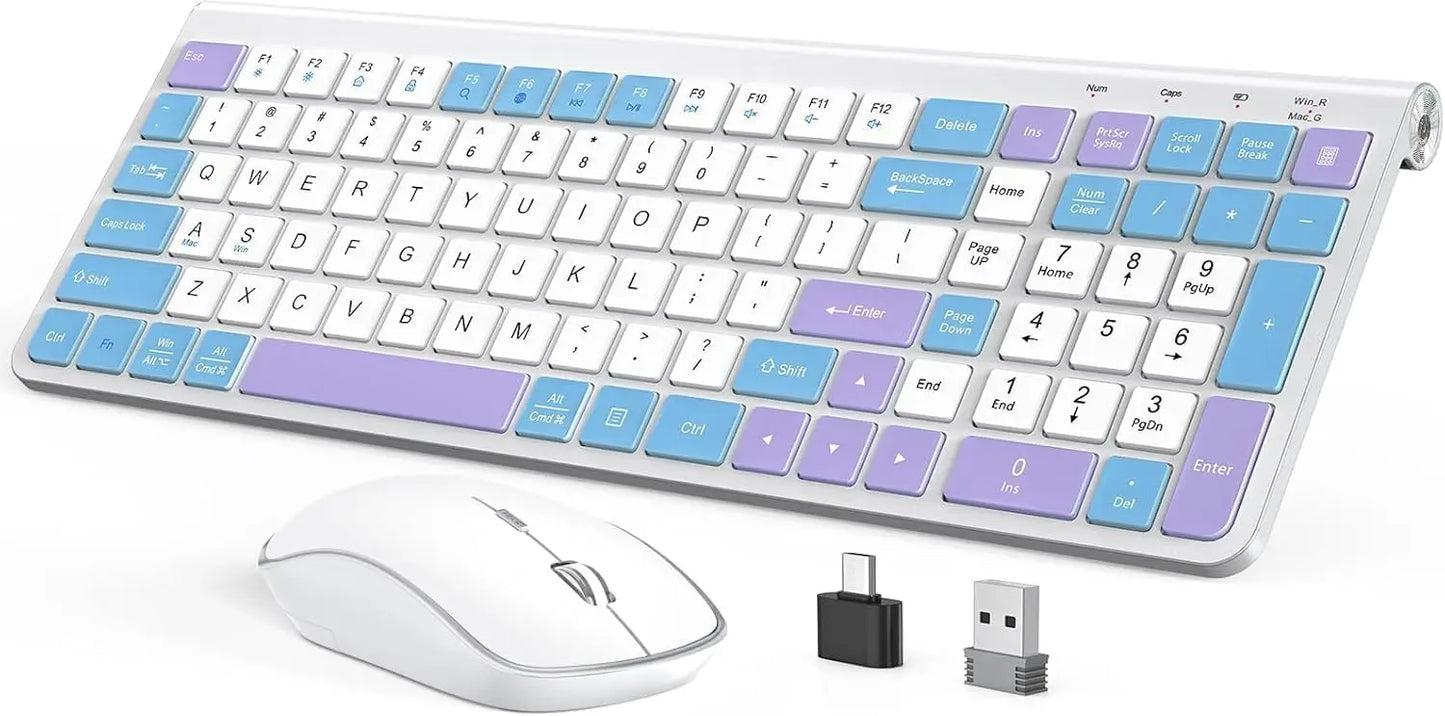 Ergonomic wireless keyboard and mouse, AZERTY, France, quiet and portable, including USB-A and USB-C ports, suitable for Mac/PC/