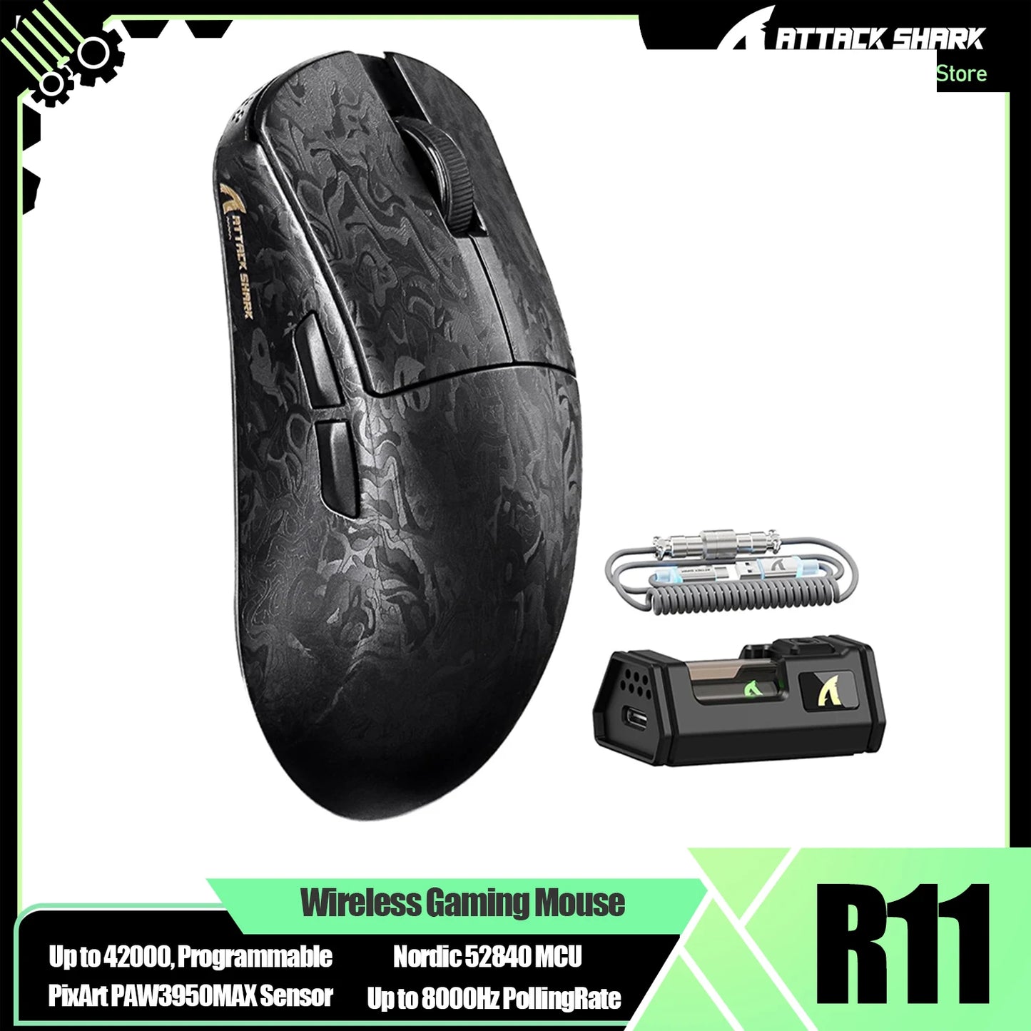 ATTACK SHARK R11 Ultra 8K Carbon Fiber Wireless Gaming Mouse with 42000 DPI-PAW3950 MAX Sensor-49g Lightweight,Nordic 52840 MCU