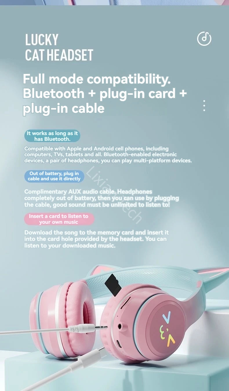 wireless Headphones RGB cute cat ear Bluetooth Earphones with microphone Stereo Music Game Earphone Girls Kids Gifts For XiaoMi