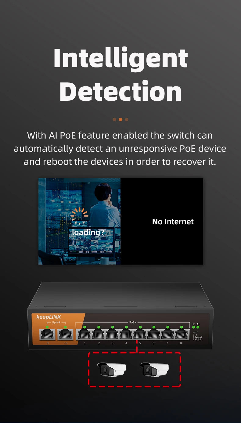 KeepLiNK 10-Port Gigabit Switch with 8-PoE and 2-RJ45 for Uplink Unmanaged Plug and Play