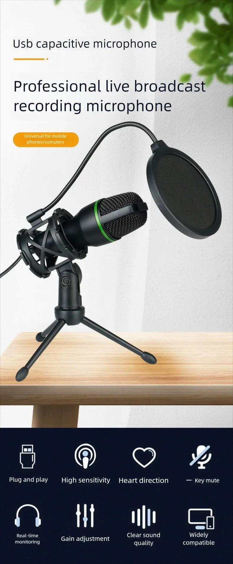 3.5MM/USB Condenser Microphones Professional Microphone Karaoke System Gaming Singing Recording Micro Mic for Computer Laptop