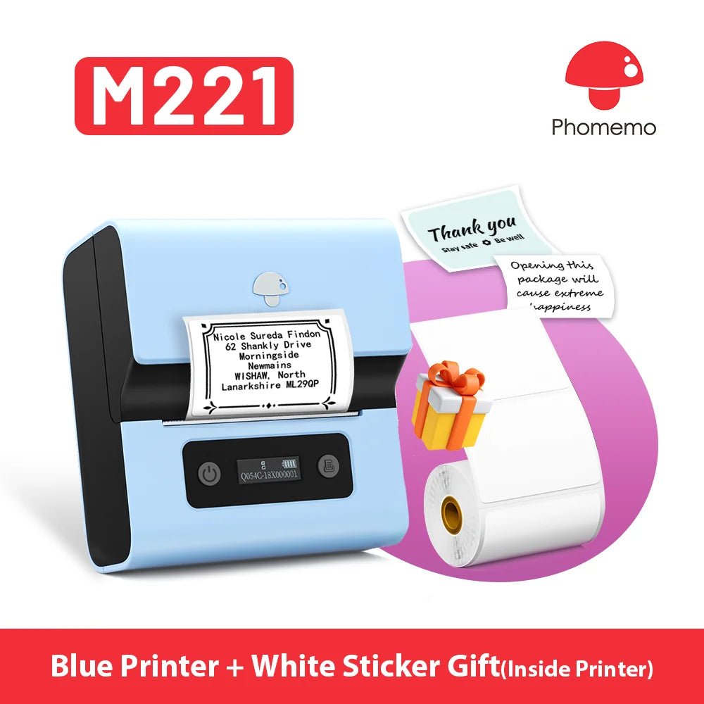 Phomemo M221 Label Printer Portable Thermal Maker Bluetooth Handheld Barcode QR Code Sticker Paper Rolls Labeller White 75mm Tag