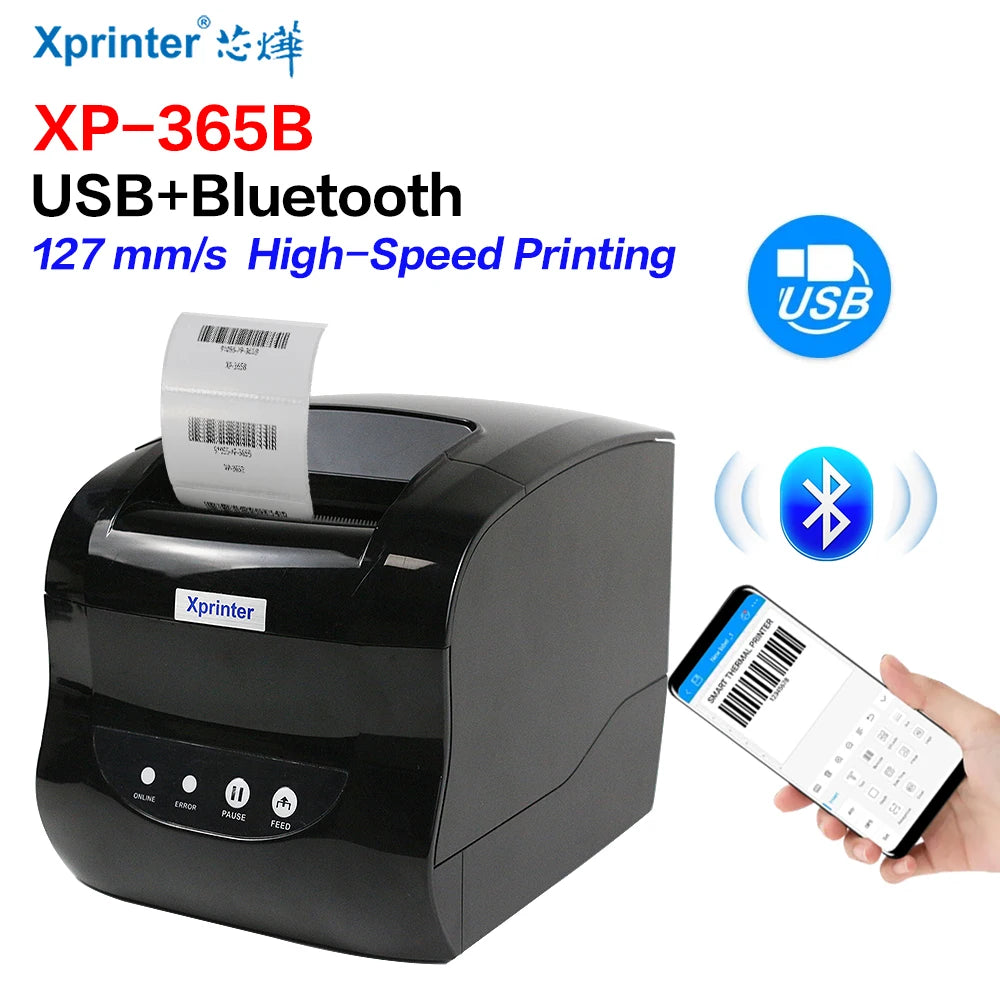 Xprinter 365B Thermal Label Printer Barcode Sticker Receipt Printer Support 20-80mm 2 In 1 Print Machine for Android iOS Windows