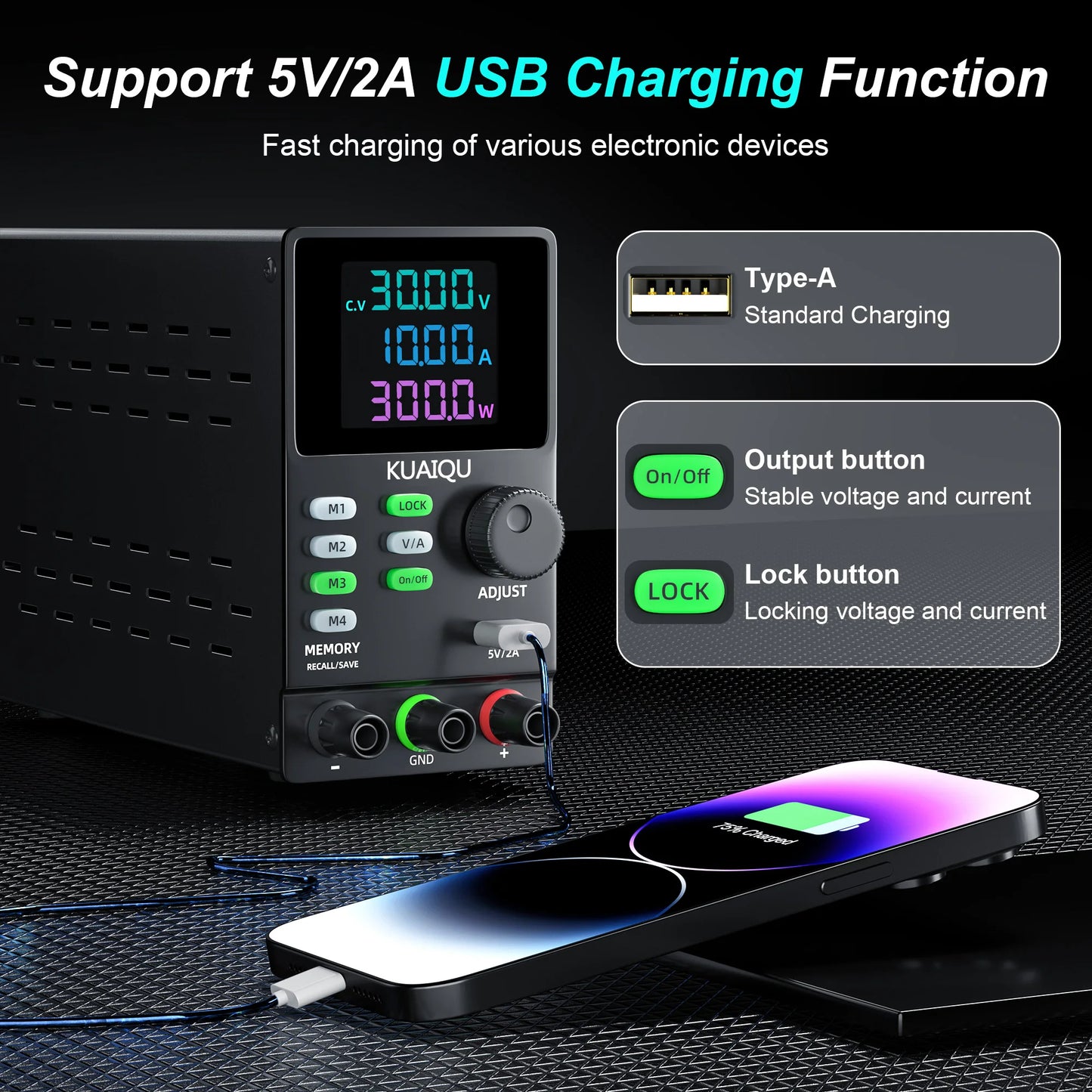 30V10A Programmable DC Power Supply Adjustable Bench Power Supply,M1-M4 Storage, Fast Output, Preset Voltage Current,60V 120V