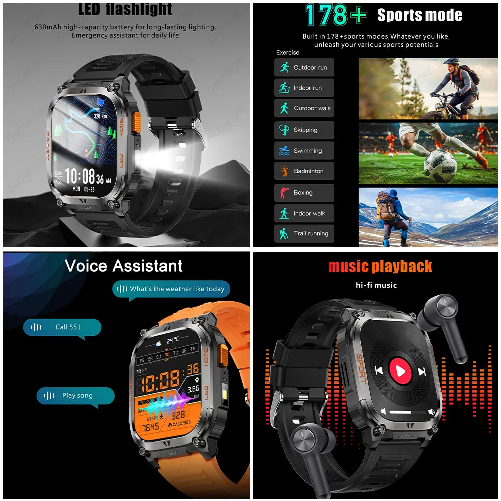 New GPS Tracking Smart Watch LED Flashlight 2.01inch HD Screen Compass BT Call Waterproof Sport Smartwatch For Android iOS
