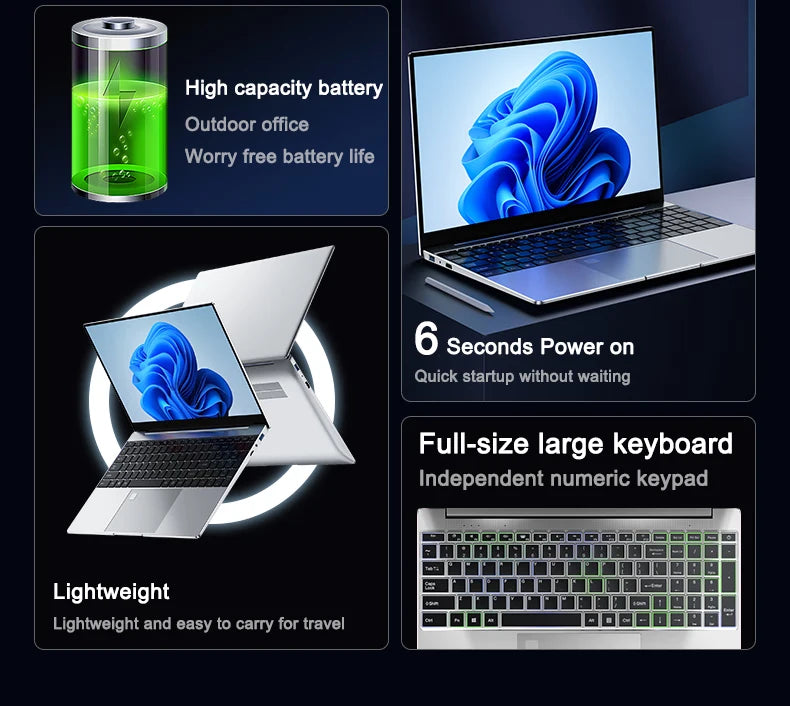 New Ultra Slim 15.6" Laptop N95 32GB RAM 2048GB SSD 7500mAh Battery  Notebook Gamer Office Study Computer PC Windows 11 Pro