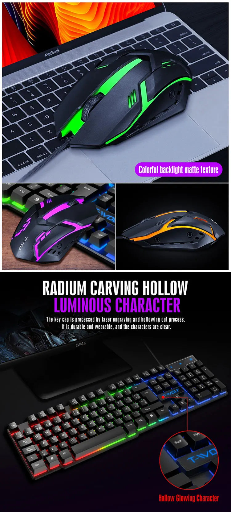 T20 Wired Keyboard Mouse Set 104 Keys RGB Blacklight Multi-function Shortcut USB Wired Gaming Keyboard English Russian Spanish
