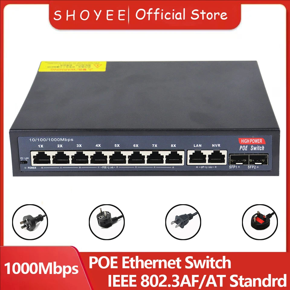12-Port Gigabit POE RJ45 Ethernet Switch SFP with for 802.3af/at Uplink Unmanaged Plug and Play,for IP Camera/NVR