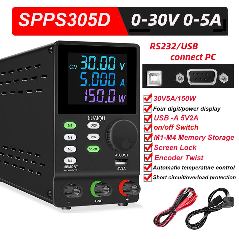 30V10A Programmable DC Power Supply Adjustable Bench Power Supply,M1-M4 Storage, Fast Output, Preset Voltage Current,60V 120V