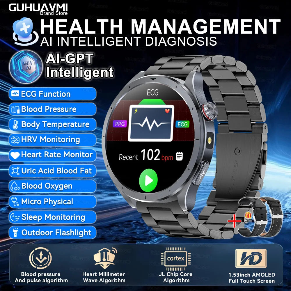 2025 New Body Fat Analysis Health Smart Watch ECG+PPG Uric Acid Blood Pressure Blood Oxygen Clock Call Smart Watch For Men Women
