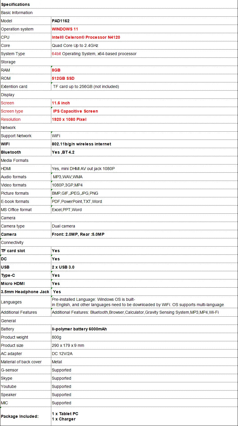 8GB RAM 512GB ROM 11.6 INCH PAD1162 Tablet PC 64 Bit Windows 11 Home N4100 CPU 1920 x 1080 IPS Screen WIFI