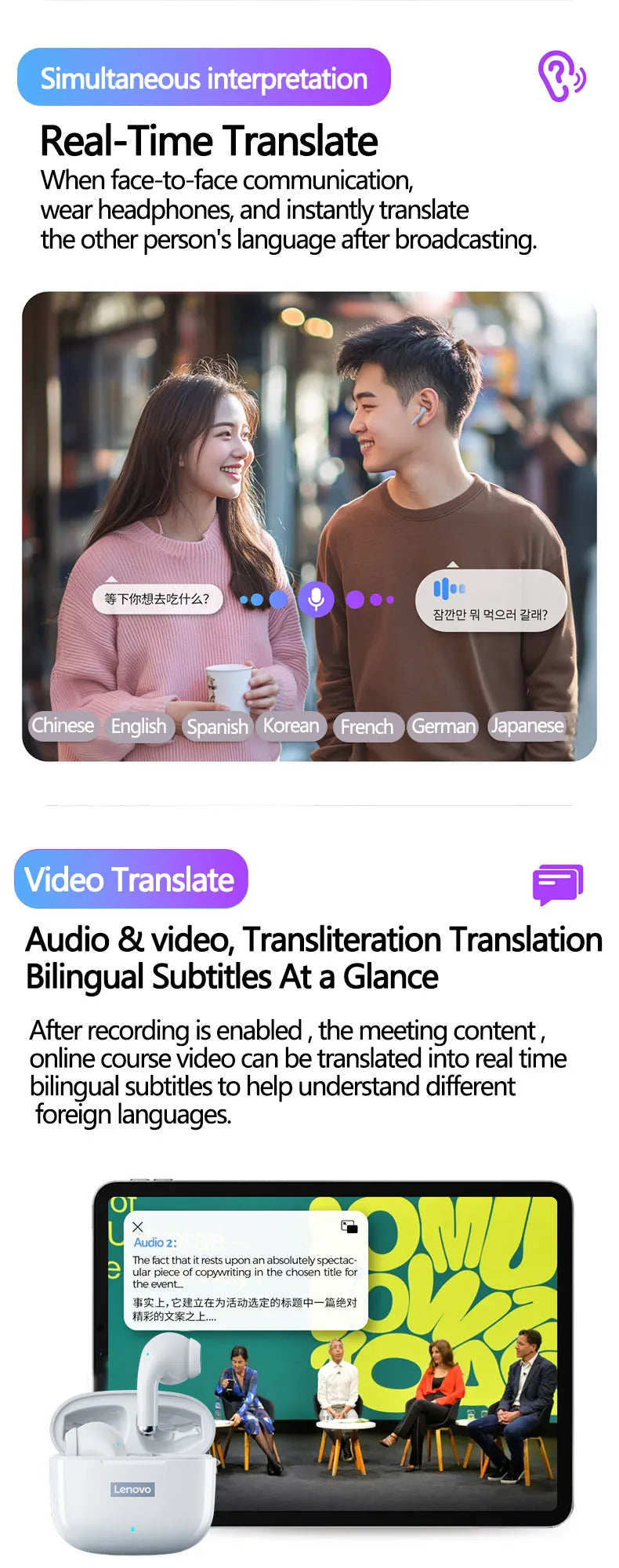 Lenovo LP40 Pro Translation Earburds TWS Bluetooth Real Time Translation Long Endurance AI Earphones Travel Translator Headset