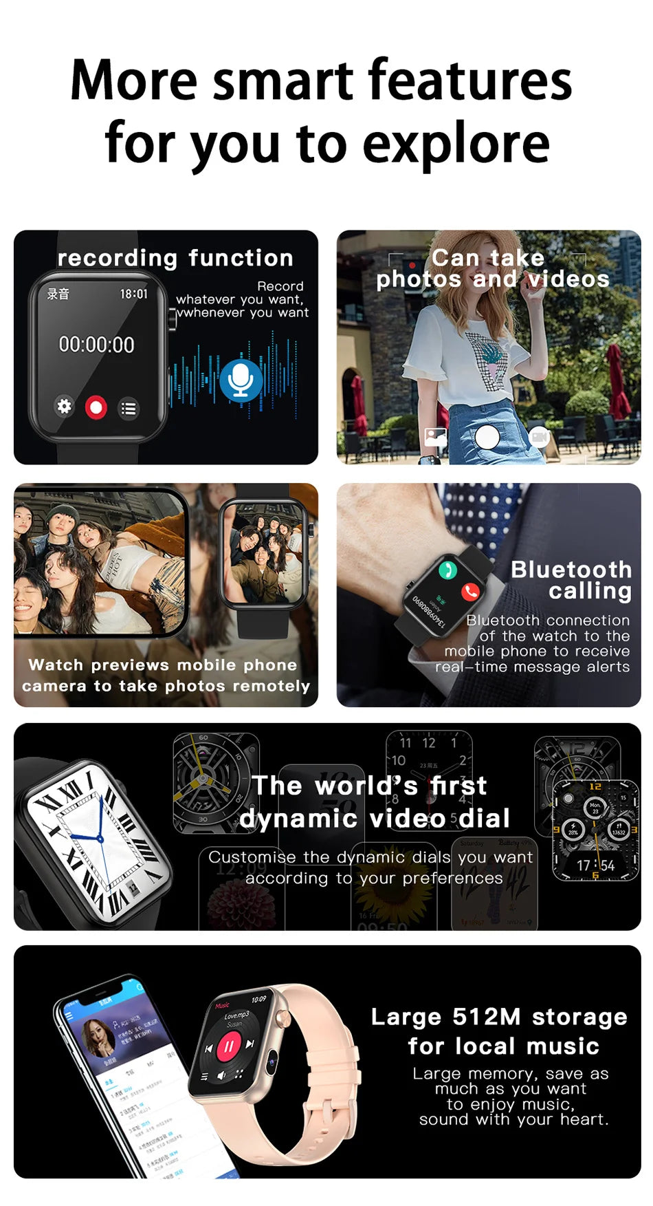 New Smart Watch Women Men Camera Take Photo Record Video Heart rate Sports Fitness Waterproof Bluetooth Call For Android iOS