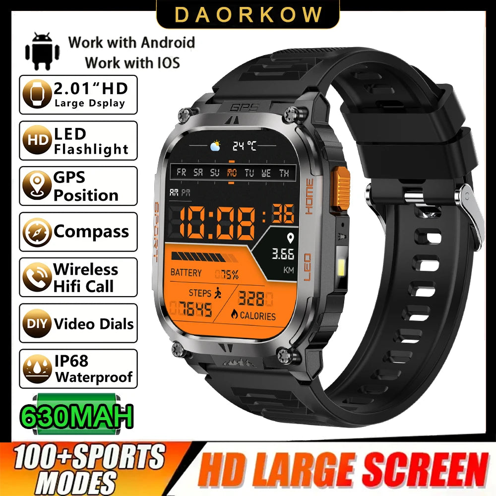 New GPS Tracking Smart Watch LED Flashlight 2.01inch HD Screen Compass BT Call Waterproof Sport Smartwatch For Android iOS