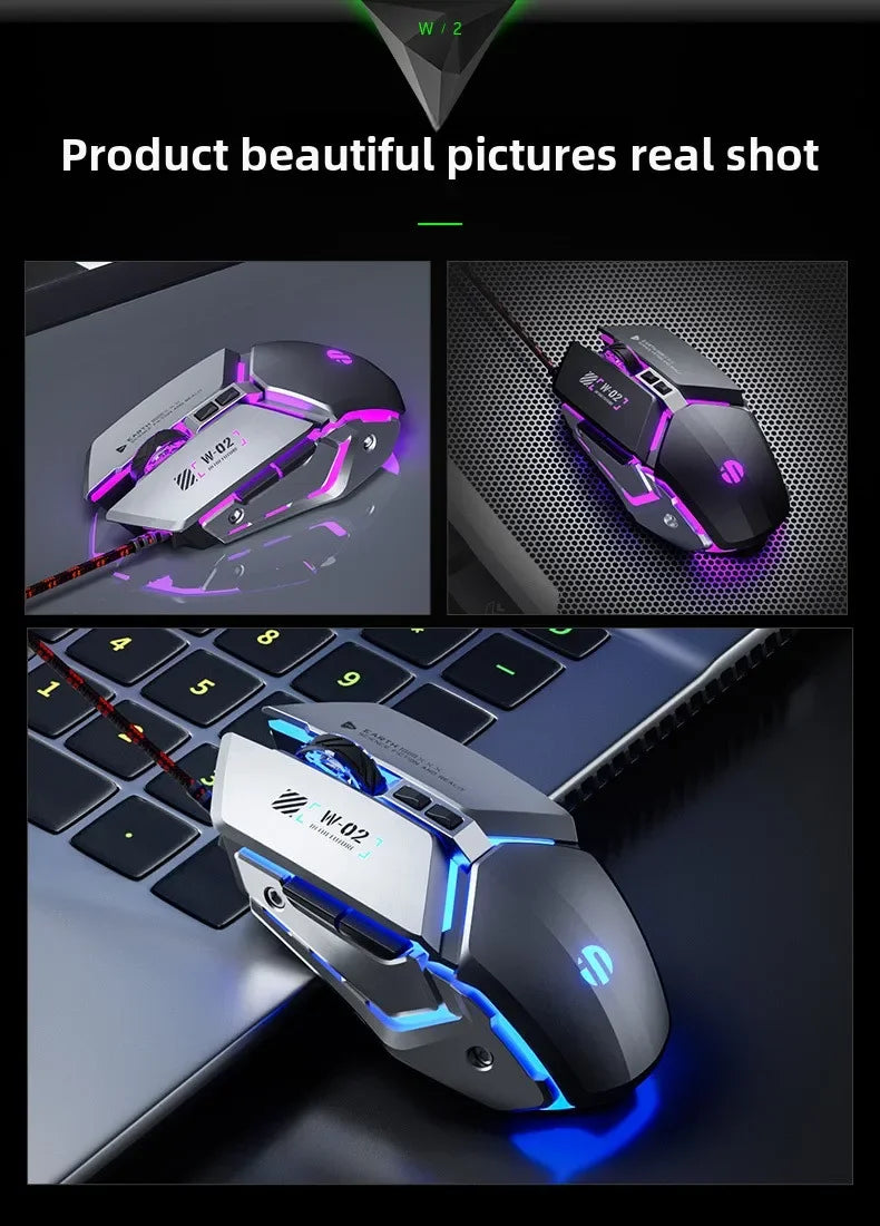 W2 USB Wired Gaming Mouse with Glowing Gamer Mechanical Metal Style Mice Suitable for PC Desktop Laptops Tablet Game Office