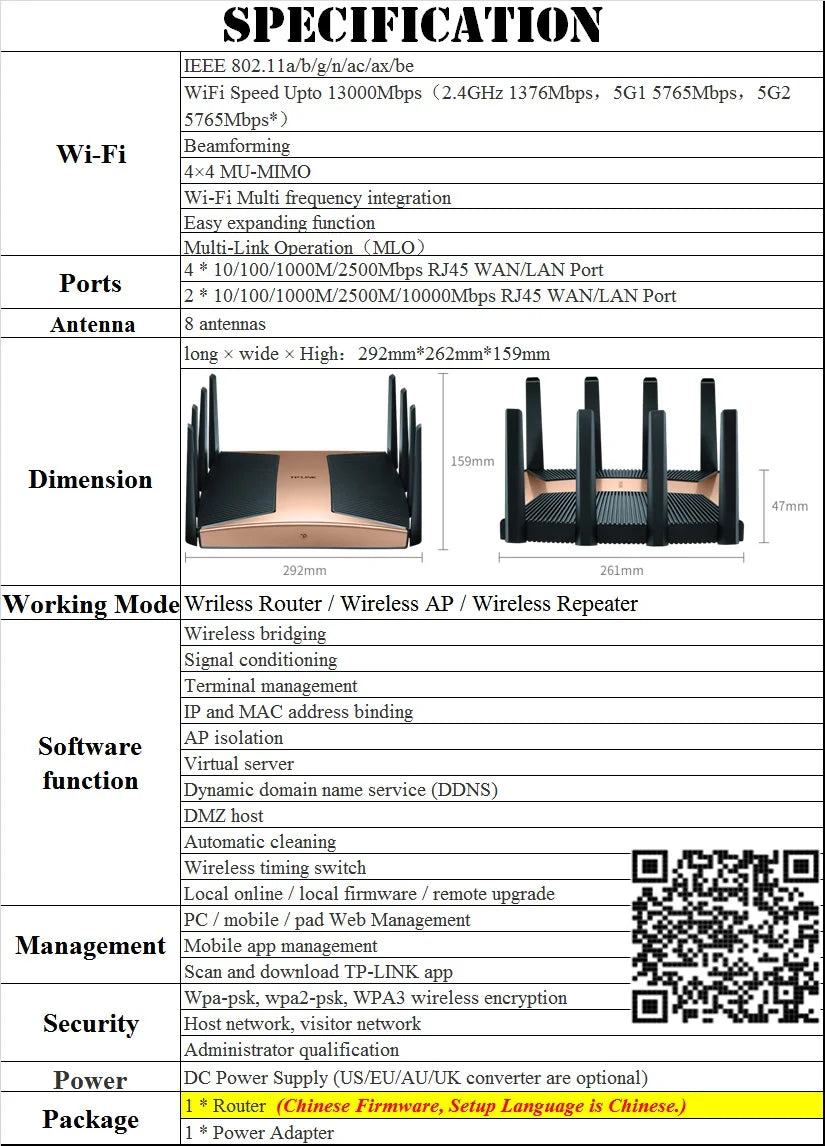 10G RJ45 WAN/LAN Ports, 13000Mbps WiFi7 Wireless Mesh Router 3-Frequency 1.3G Wi-Fi 7, 802.11BE WiFi 7, USB3.0, Quad-core 2.2GHz