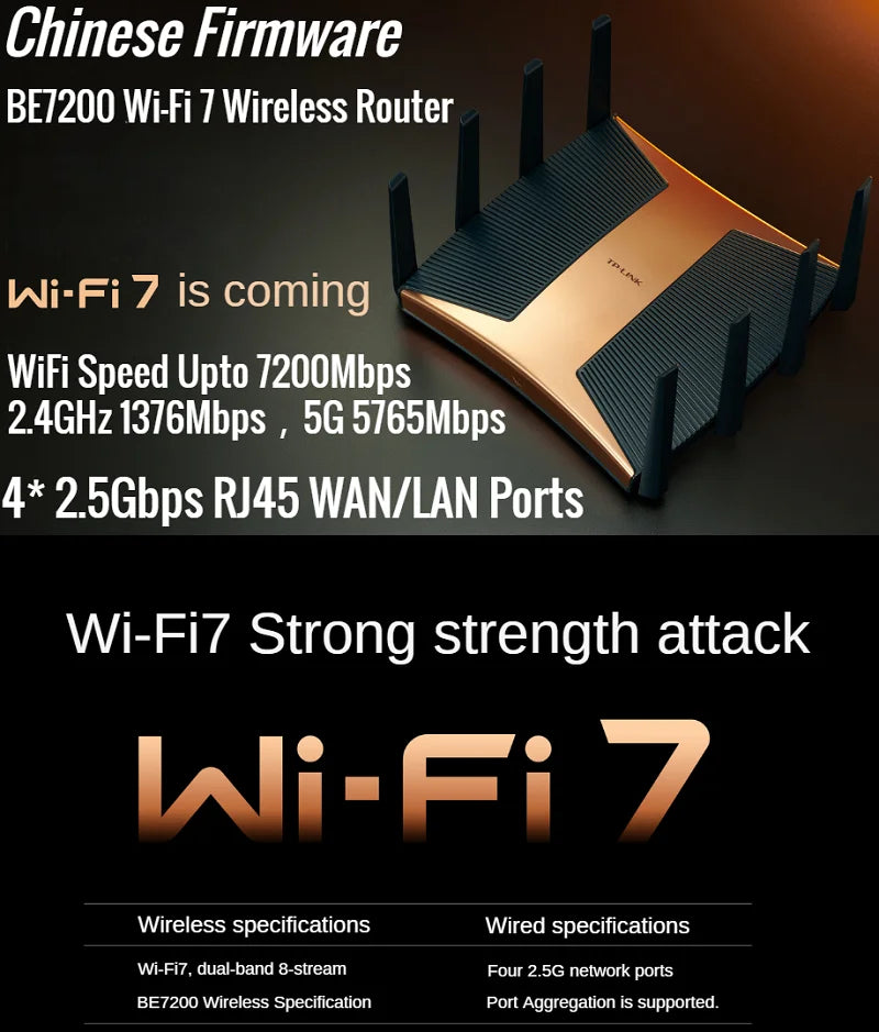 4* 2.5G RJ45 WAN/LAN Ports BE7200 7200Mbps WiFi7 Wireless Mesh Router Dual-Frequency Wi-Fi 7 802.11be WiFi 7 USB3.0 CPU 1.5GHz