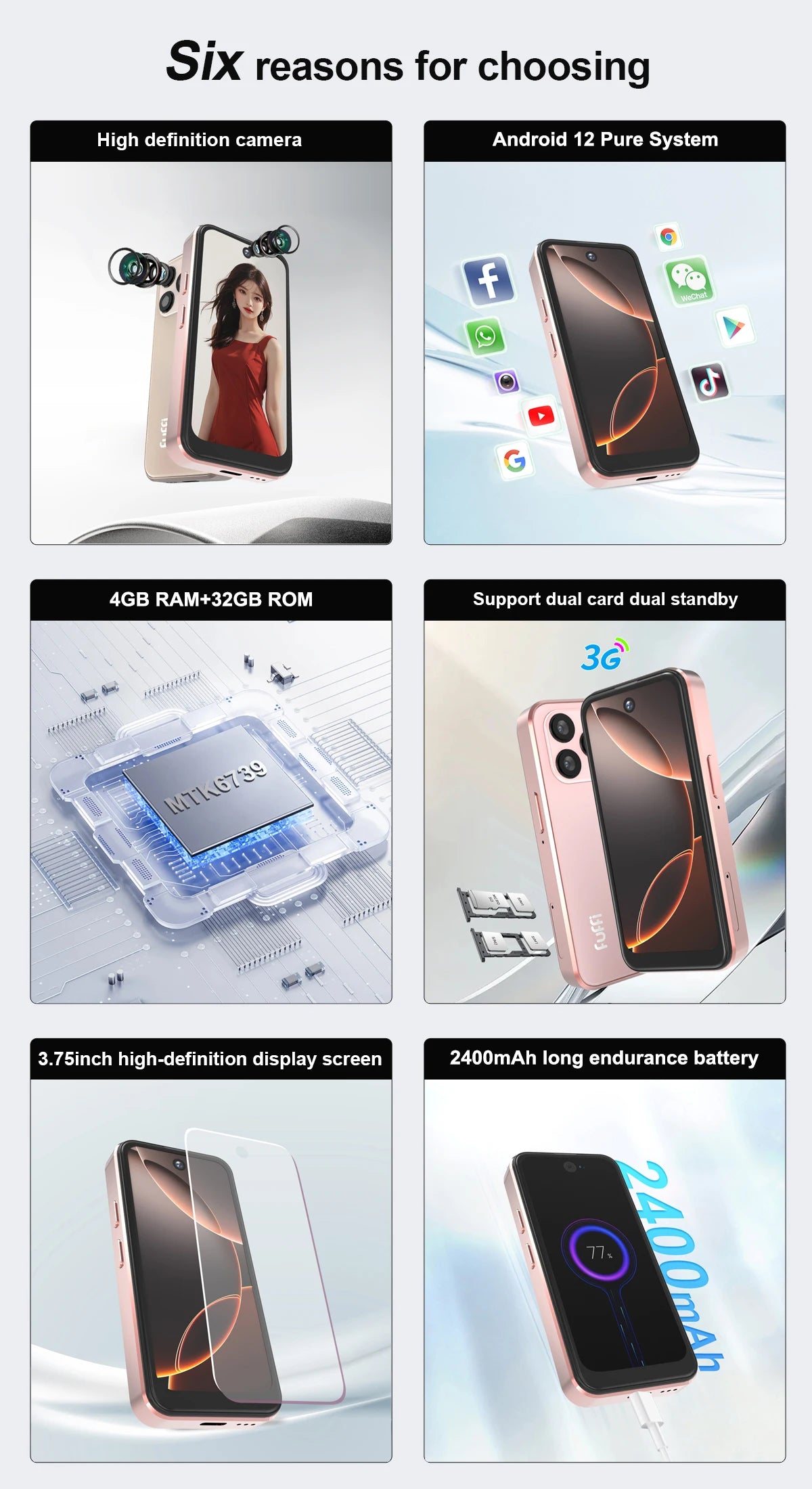 Fuffi XS16 Mini Phone 4G LTE Android10.0 Smartphone 4GB RAM 32GB ROM 4" Display 5MP Camera Dual SIM With Play Store WhatsAPP