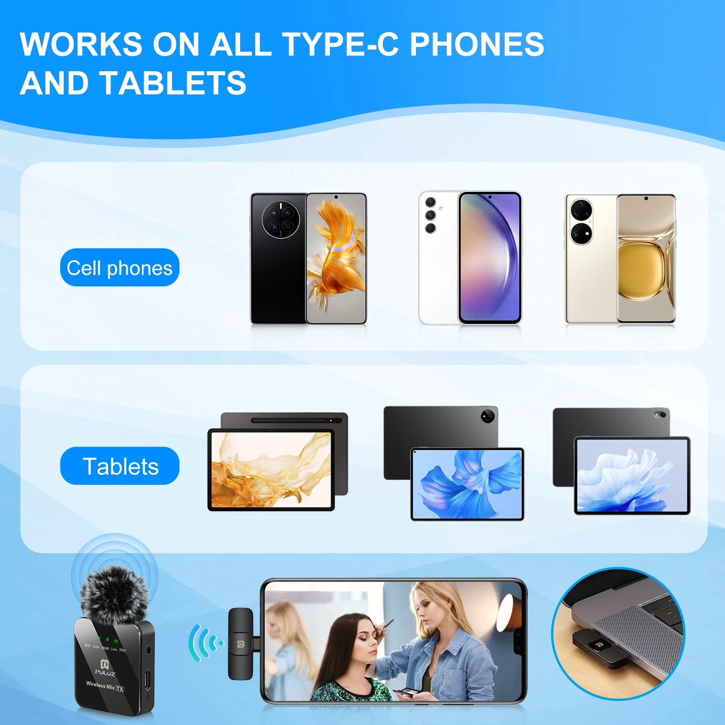 PULUZ Wireless Lavalier Microphone Portable Audio Video Recording Mini Mic for iPhone Android Outdoor Live Broadcast Phone Mic