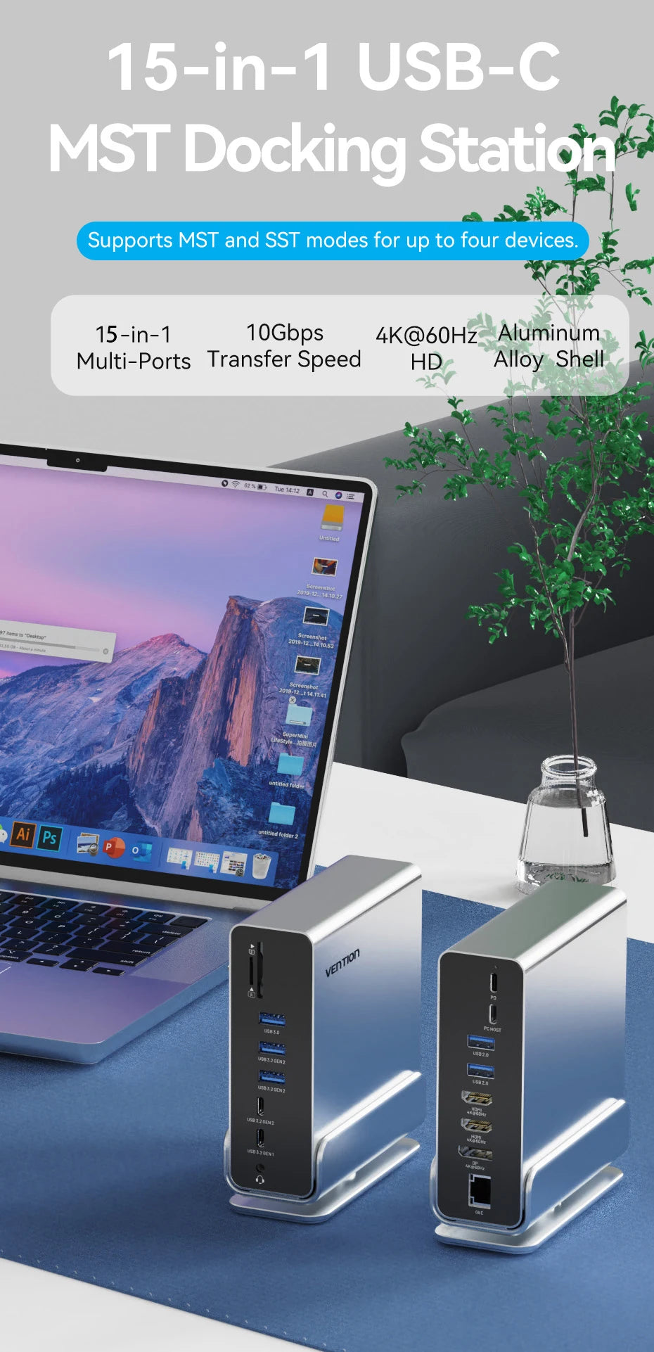 Vention 15 in 1 USB C Docking Station 4K HDMI Triple Monitor Hub USB 3.2 10Gbps RJ45 1000M 100W for Windows PC Laptop HP MacBook