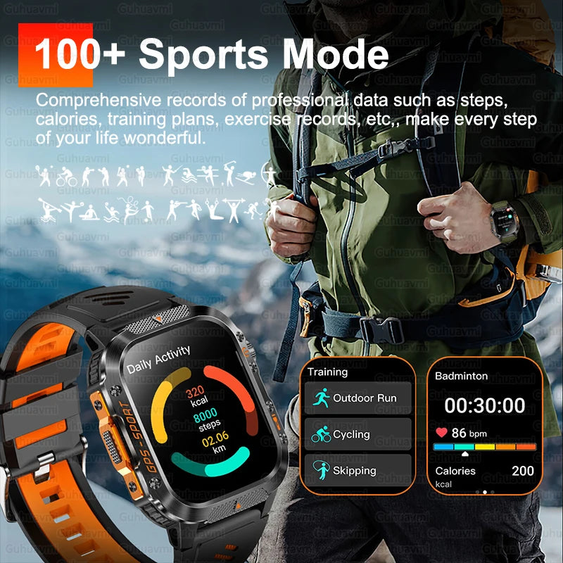 2025New GPS Smart Watch For Xiaomi IOS Military Compass Flashlight Smartwatch Men 10ATM Waterproof 100+Sport Modes BT Call Watch