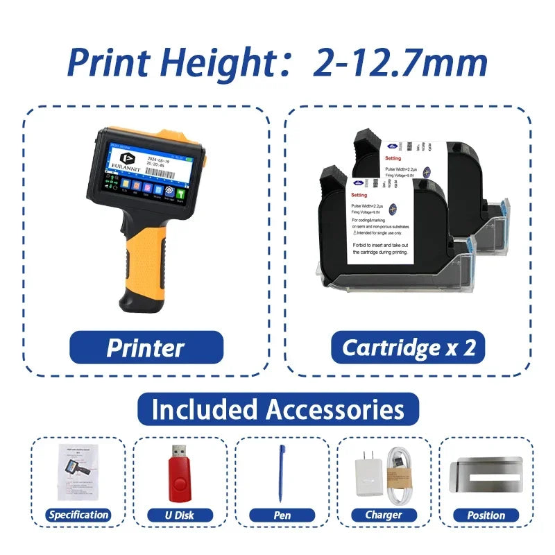 EURANNIT E19 12.7mm Portable Printer Handheld Thermal Inkjet Printer Portable Expire Date Counter QR Barcode Logo Coding Machine