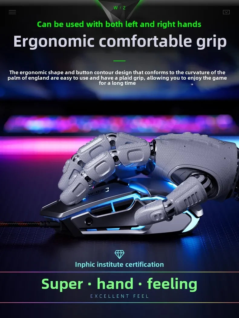 W2 USB Wired Gaming Mouse with Glowing Gamer Mechanical Metal Style Mice Suitable for PC Desktop Laptops Tablet Game Office