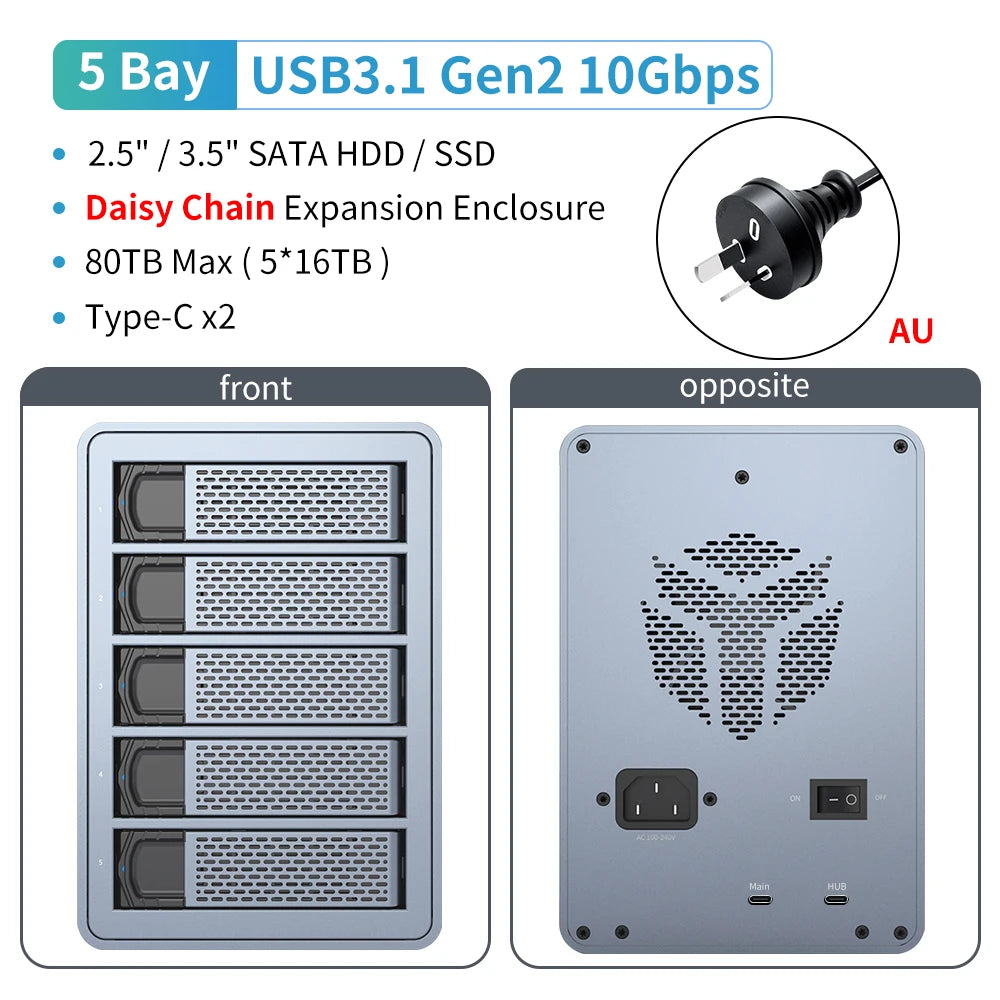 Yottamaster 10Gbps 2.5"3.5" inch SATA HDD SSD Enclosure 150W Hard Disk External Case USB3.1 Gen2 80TB Daisy Chain 270TB for NAS