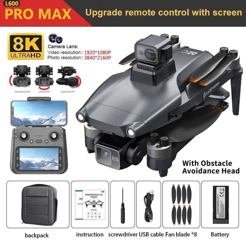 2025 L600 PRO MAX GPS Drone 5G Professional 8K HD 3-axis Gimbal Aerial Dual Camera Screen Control Obstacle Avoidance FPV RC Dron