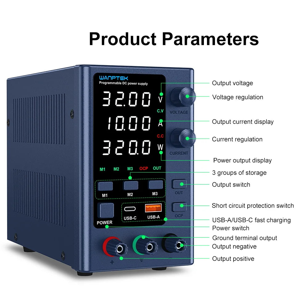 Wanptek DC Lab Power Supply 30V 60V 120V Adjustable Voltage Regulator Preset Voltage Current Dual Input Voltage 220V/110V