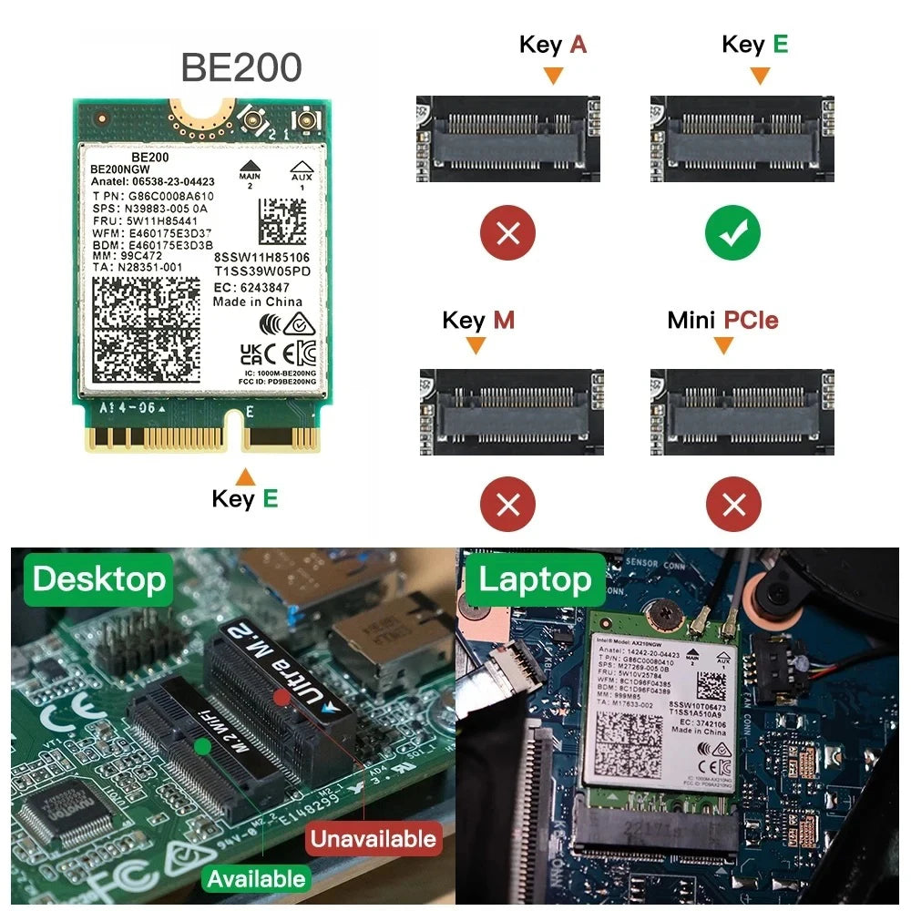 Wi-Fi 7 BE200 Bluetooth 5.4 Wifi Card 2.4/ 5/ 6 GHz 5.8 Gbps For Windows 11 PC Laptop