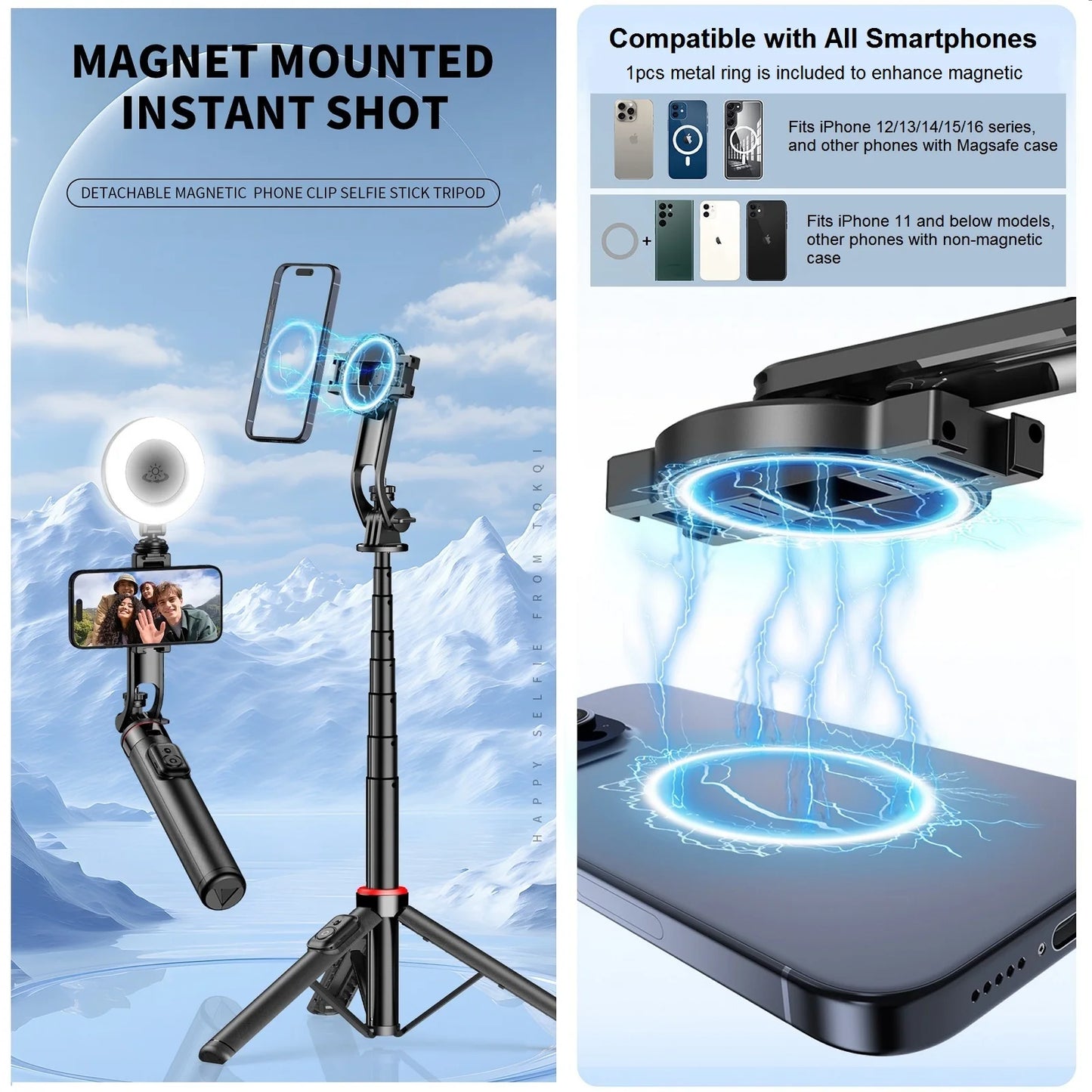 Magnetic Selfie Stick Tripod Stand for iPhone Samsung Huawei Cellphone 1.3m Extendable Magsafe Phone Tripod with Wireless Remote