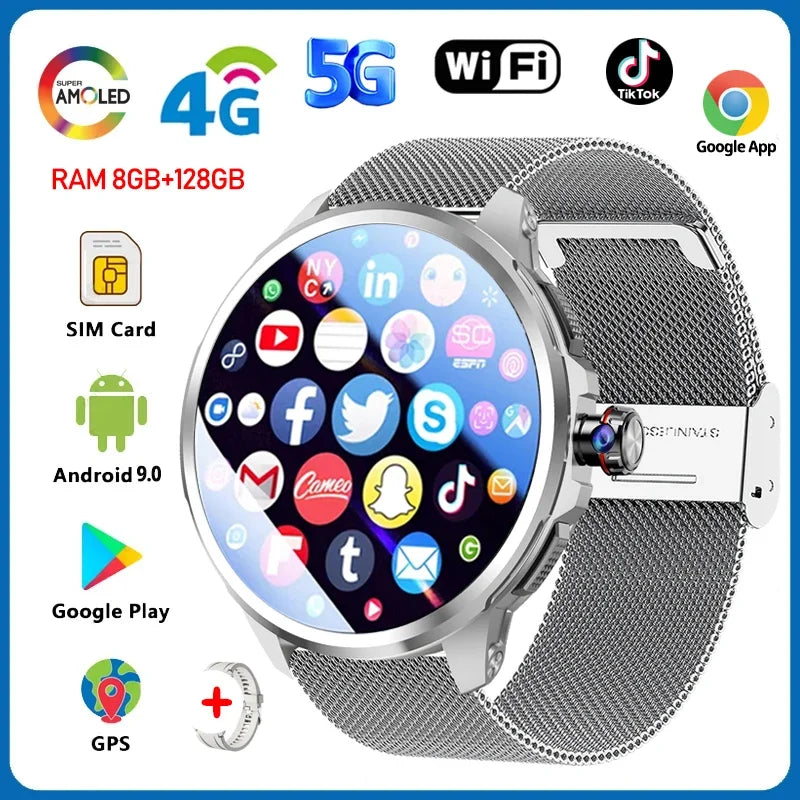 5G/4G Full Network Smart Watch 1.95 inch 720*720 Big Screen HD 8GB+128GB RAM Video Call Smartwatch Google Play WIFI GPS Sim Card