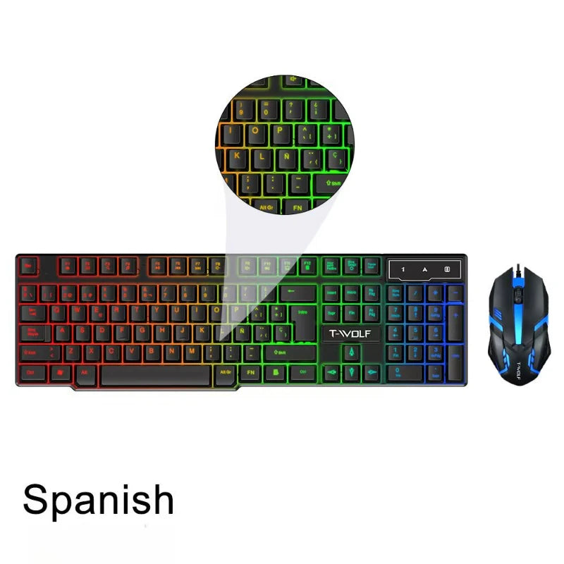 T20 Wired Keyboard Mouse Set 104 Keys RGB Blacklight Multi-function Shortcut USB Wired Gaming Keyboard English Russian Spanish
