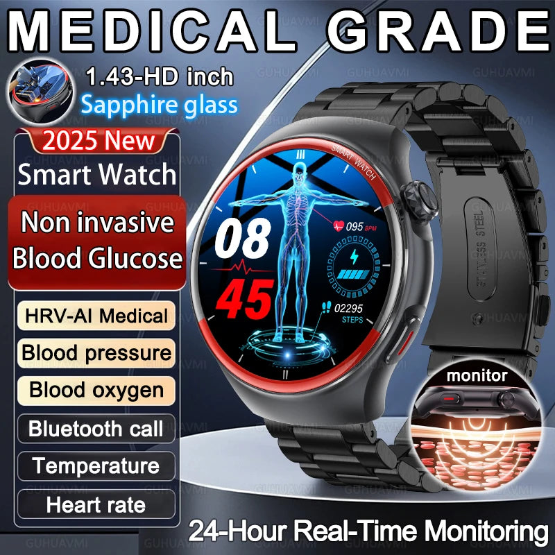 Medical Grade Non invasive Blood Glucose HRV Detection Smart Watch NFC HD Bluetooth call Smart watch Man Woman