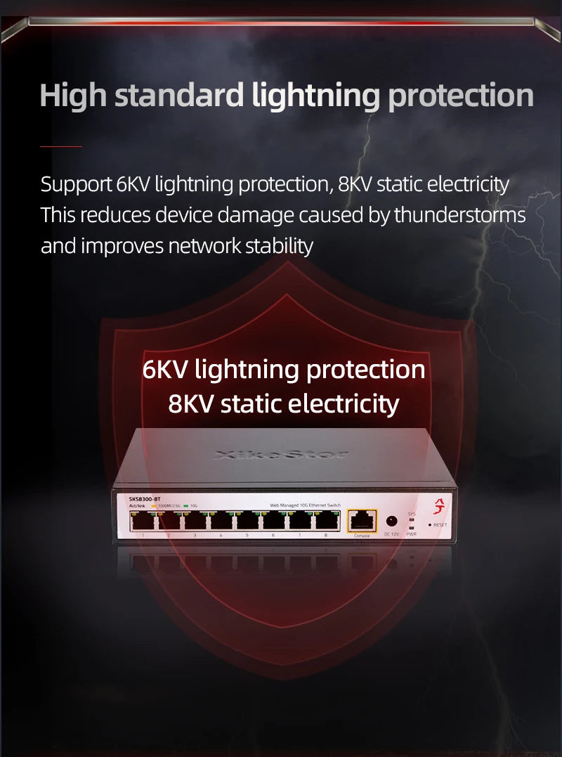 XikeStor 8-Port 10G RJ45 L3 Managed  with Fan Support 1G/2.5G/10G DHCP/VLAN/Port Aggregation/Routing Function