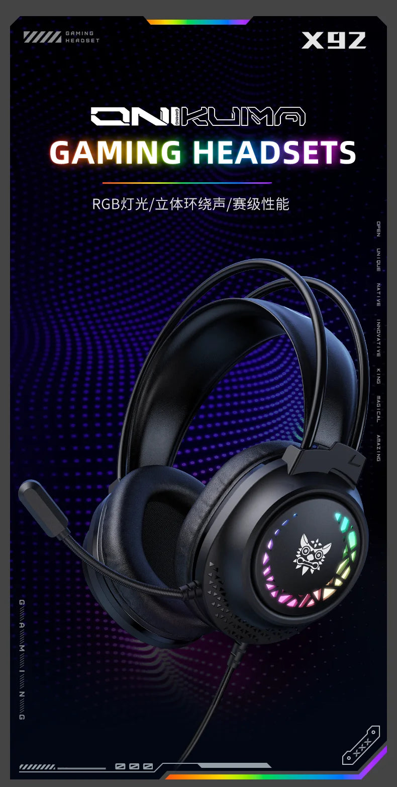 ONIKUMA X92 Gaming Headset Esports Package New FULL RGB Light Design Headphones with Mic Headphone for PC Gamer Game Accessories