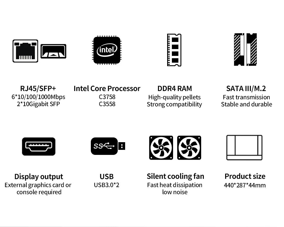 Firewall Hardware VPN Firewall Appliance 6 x LAN 4 x 10G SFP Intel C3758 C3958 1U Server OPNsense C3808 Mini PC VGA Windows11