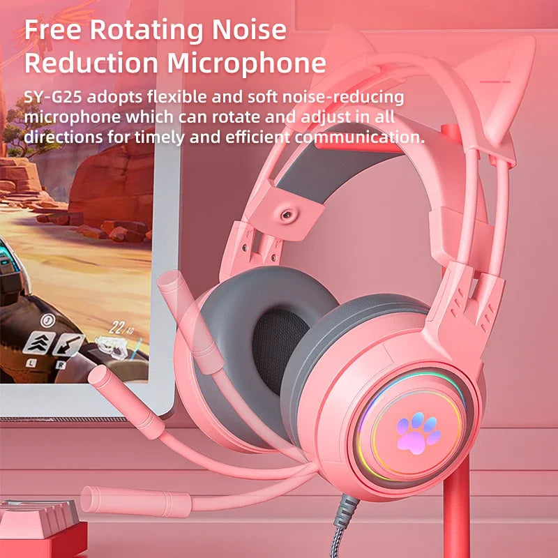 Cat Ears Headphones with Microphone For PS5 HiFi Stereo Bass Headset Gamer Girls RGB Black Pink Helmet for PC Laptop Phone Xbox