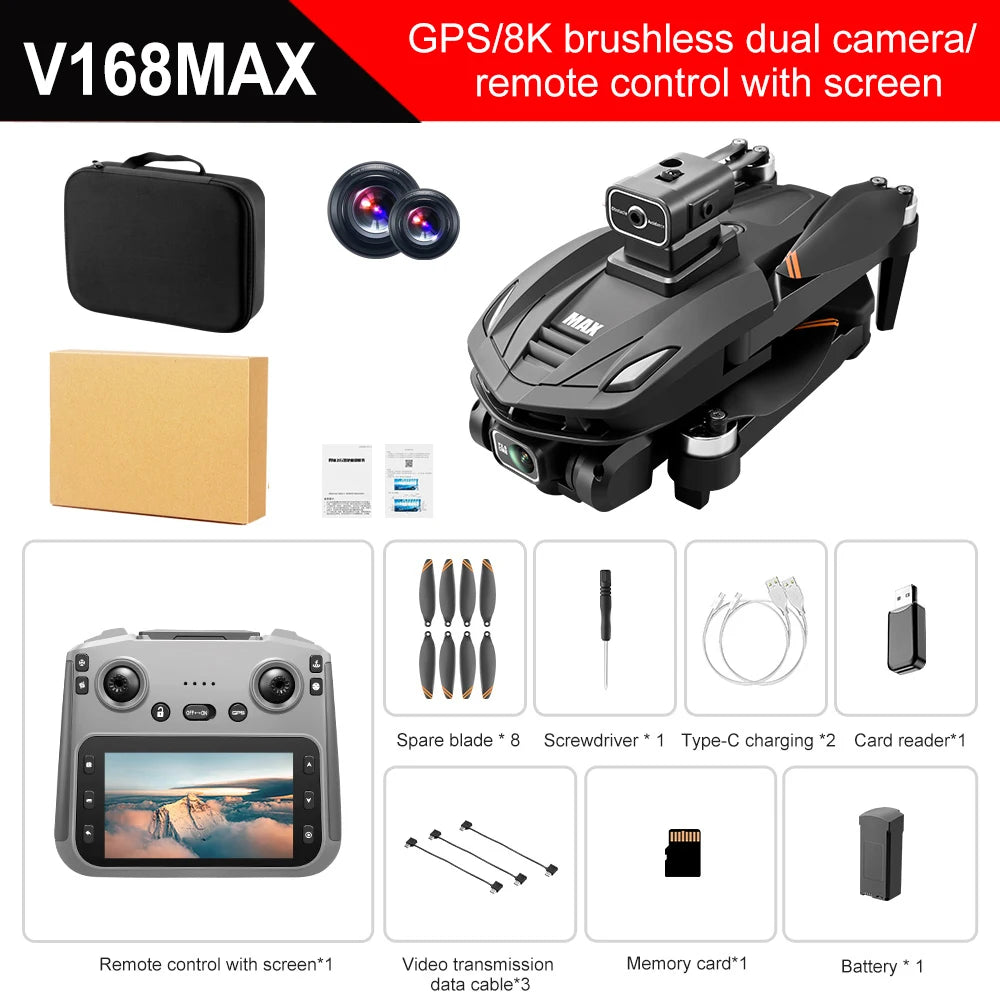 2025 New V168 Max Drone 8K Professional 5G GPS HD Dual Camera Photography 5KM Brushless Foldable Large Screen RC Quadcopter Toys
