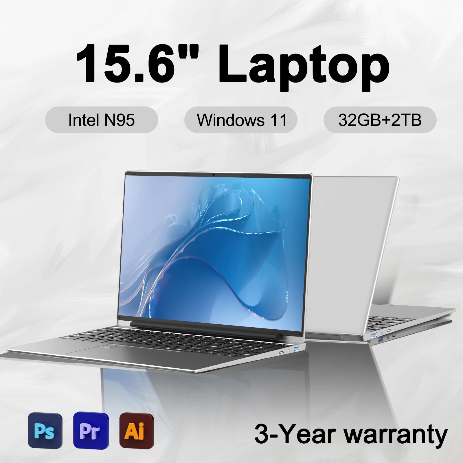 New Ultra Slim 15.6" Laptop N95 32GB RAM 2048GB SSD 7500mAh Battery  Notebook Gamer Office Study Computer PC Windows 11 Pro