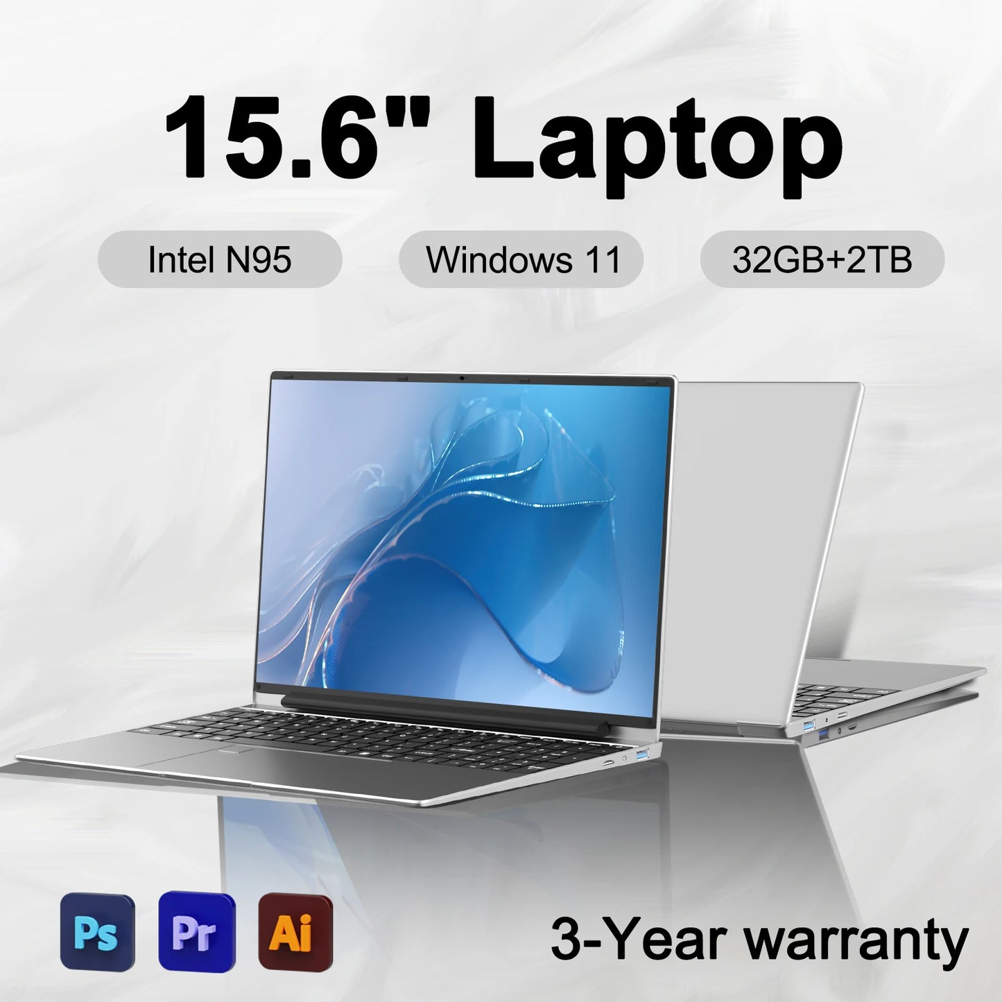 New Ultra Slim 15.6" Laptop N95 32GB RAM 2048GB SSD 7500mAh Battery  Notebook Gamer Office Study Computer PC Windows 11 Pro