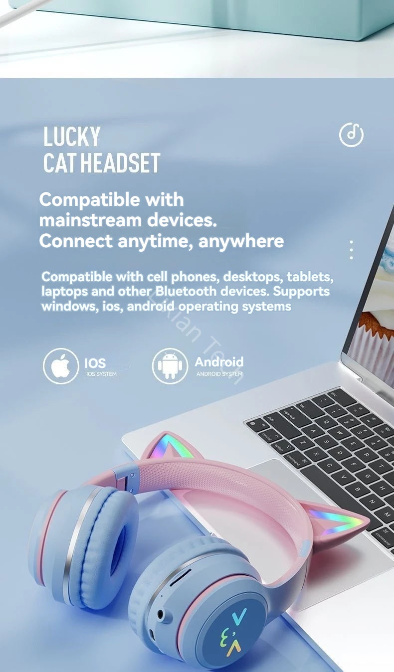 wireless Headphones RGB cute cat ear Bluetooth Earphones with microphone Stereo Music Game Earphone Girls Kids Gifts For XiaoMi