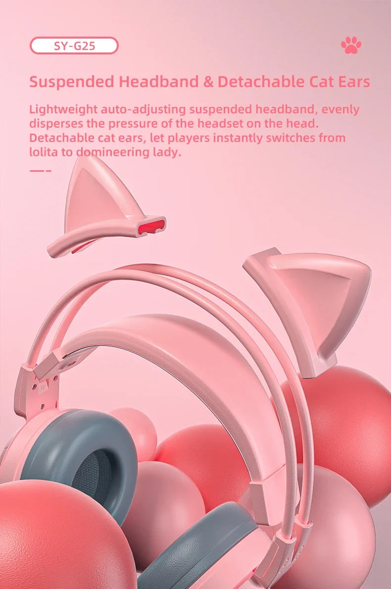 Cat Ears Headphones with Microphone For PS5 HiFi Stereo Bass Headset Gamer Girls RGB Black Pink Helmet for PC Laptop Phone Xbox