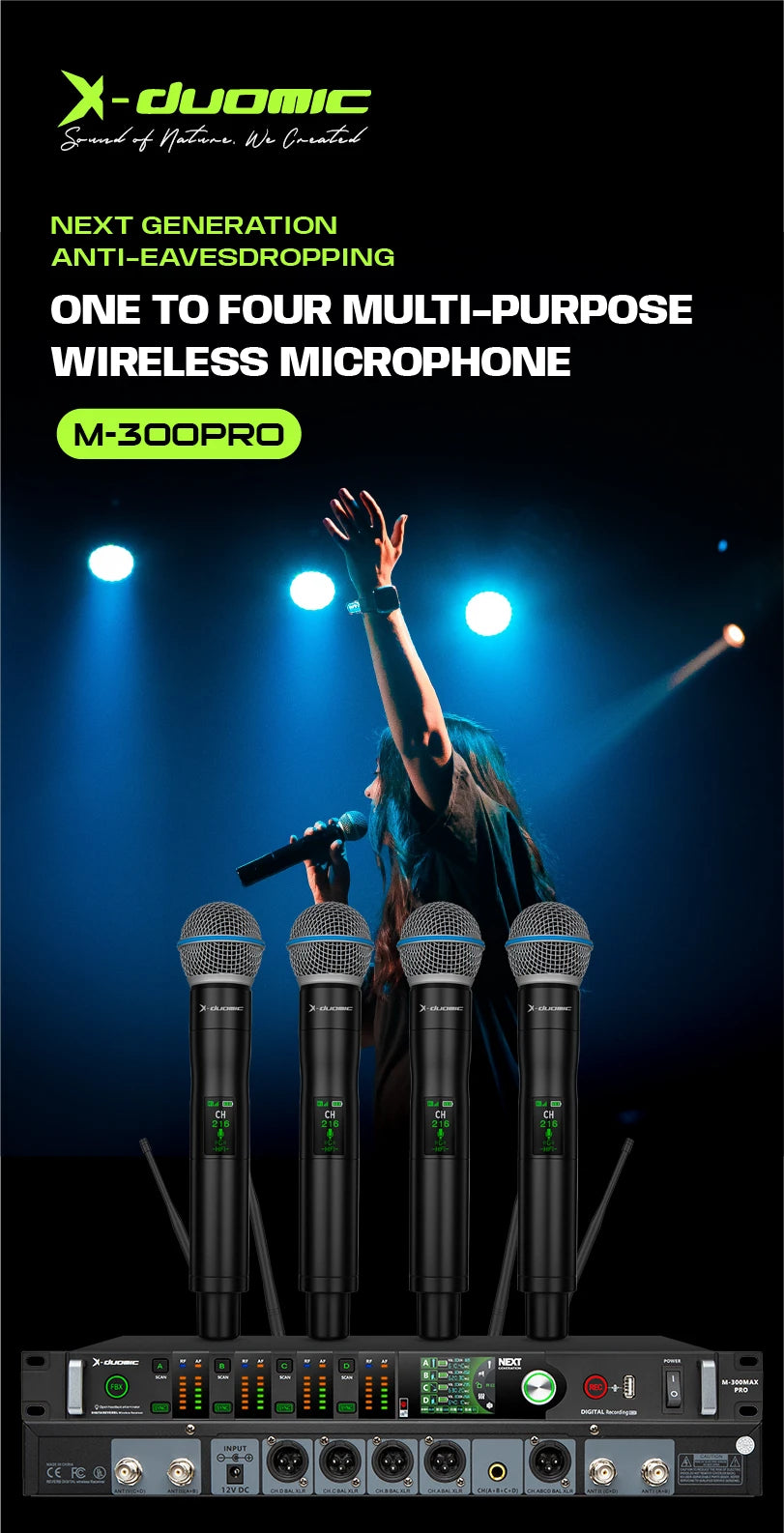 X-DUOMIC M300PRO true diversity one to four wireless microphone professional stage performance balanced reverb anti-howling