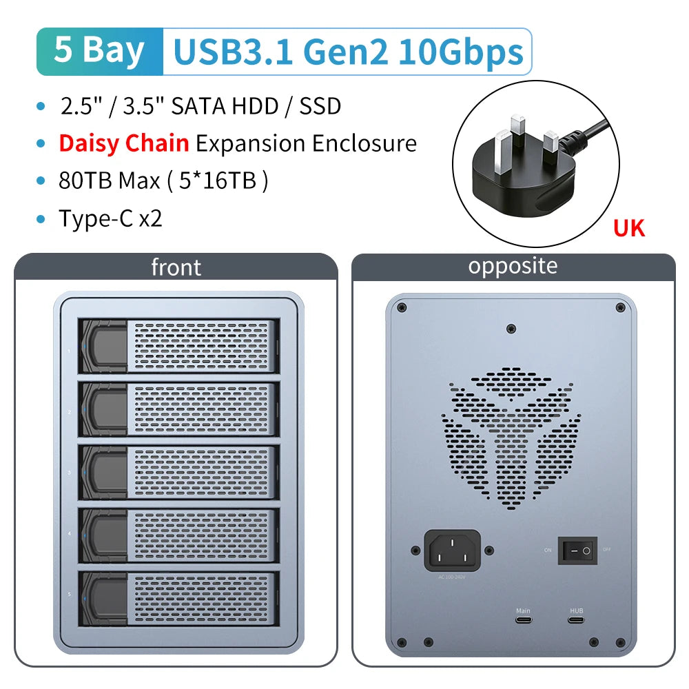 Yottamaster 10Gbps 2.5"3.5" inch SATA HDD SSD Enclosure 150W Hard Disk External Case USB3.1 Gen2 80TB Daisy Chain 270TB for NAS
