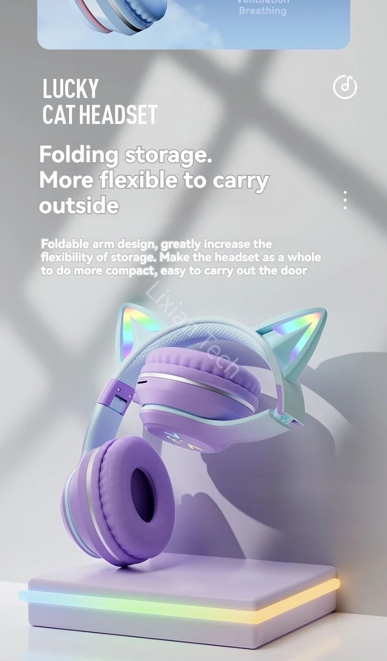 wireless Headphones RGB cute cat ear Bluetooth Earphones with microphone Stereo Music Game Earphone Girls Kids Gifts For XiaoMi