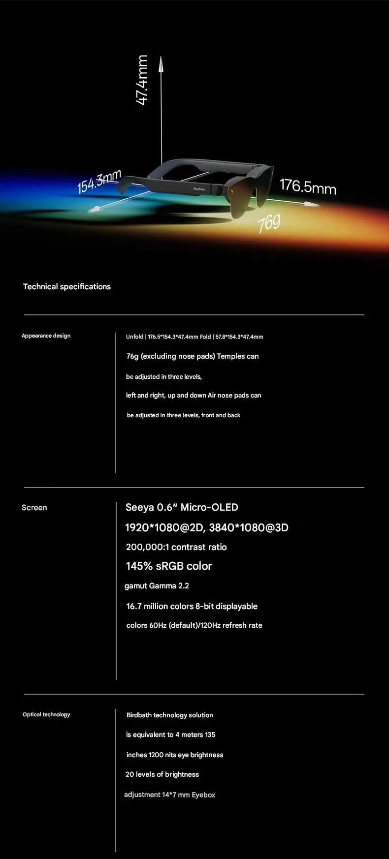 Rayneo Air3s Pro AR Smart Glasses 1200nits 135inches HD Screen 3840 Hz PWM 3D Glasses For Xbox PS5 Switch