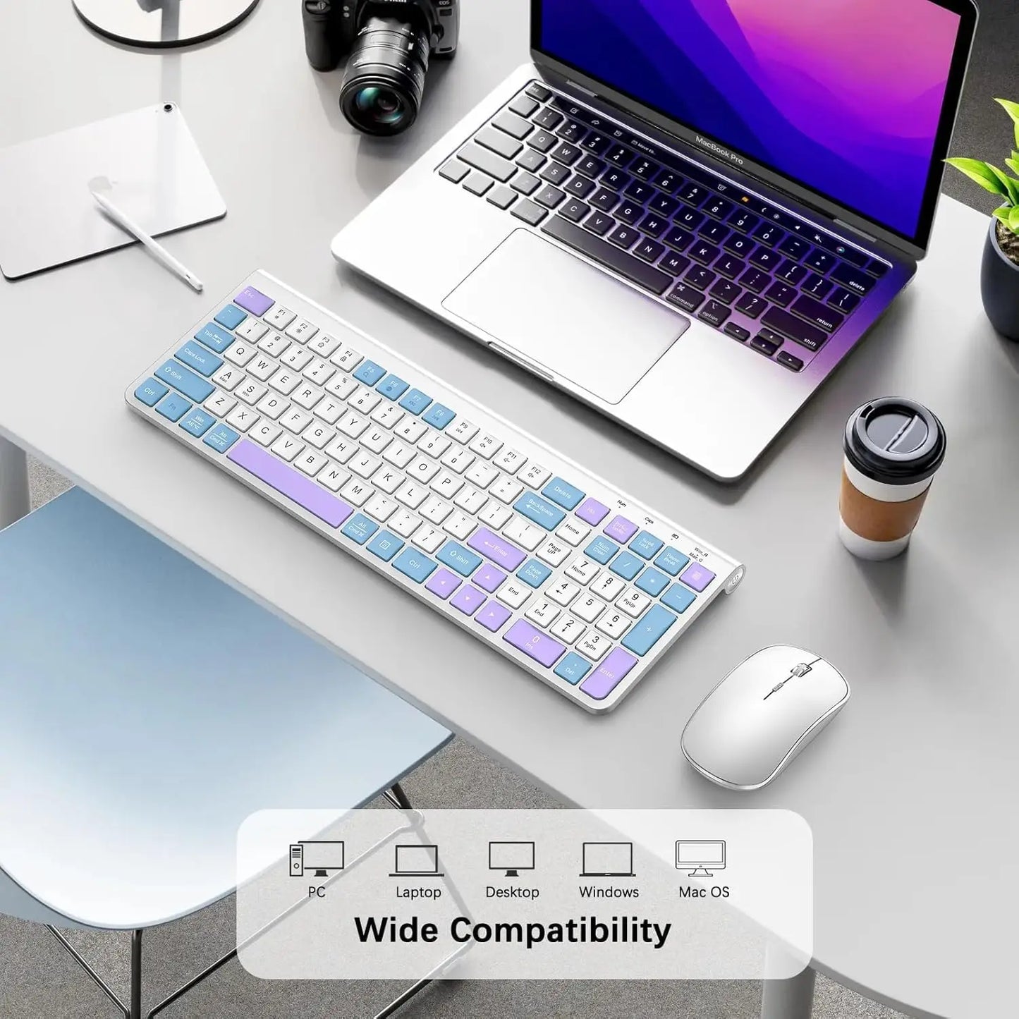 Ergonomic wireless keyboard and mouse, AZERTY, France, quiet and portable, including USB-A and USB-C ports, suitable for Mac/PC/
