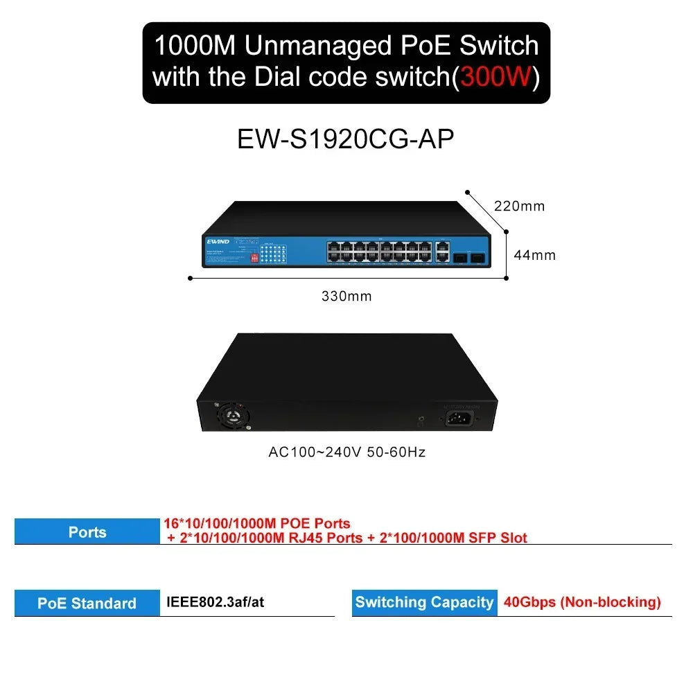 EWIND Gigabit POE Switch 16/48 Ports 10/100/1000Mbps Full Gigabit Ethernet Switch Unmanagement AI Smart Switch outdoor home NVR
